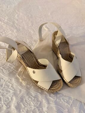 Tory Burch White Leather Espadrille Wedge Sandals with Ankle Strap